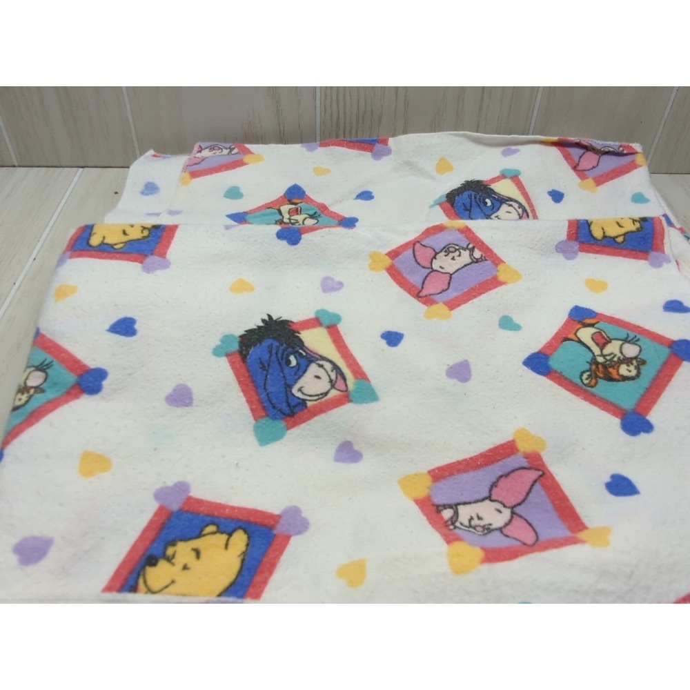 Vintage Pooh White Red Blue hearts cotton flannel baby receiving blankets USED